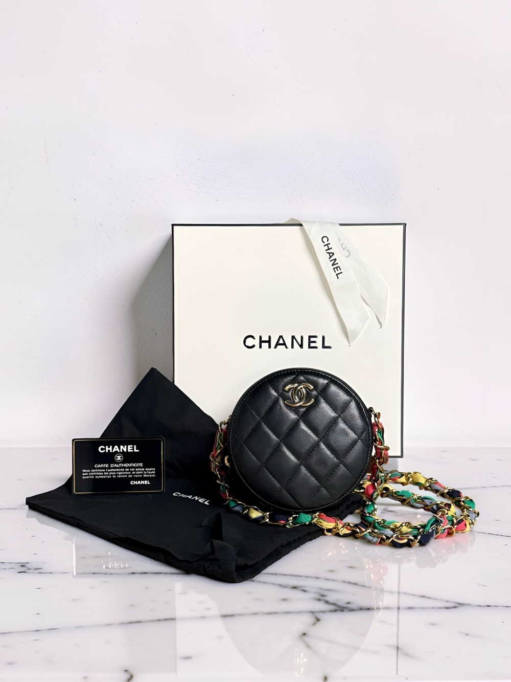 Chanel Quilted Lambskin Multi-Color Ribbon Chain Round Clutch Bag w/ full set